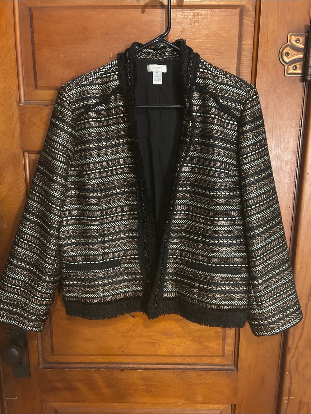Chico's Black and Metallic Striped Open-Front Jacket